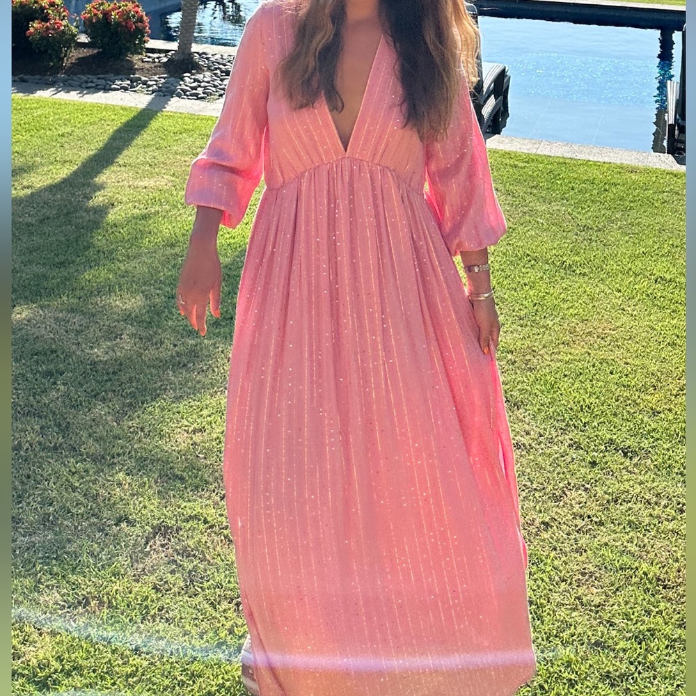 Sundress pink caftan style dress with gold detailing